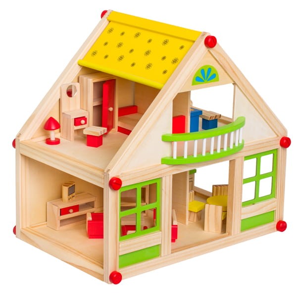 Drewniany domek dla lalek z mebelkami my villa + taras