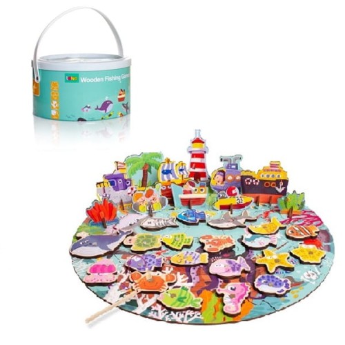 Drewniane rybki w wiaderku gra łowienie puzzle 3D