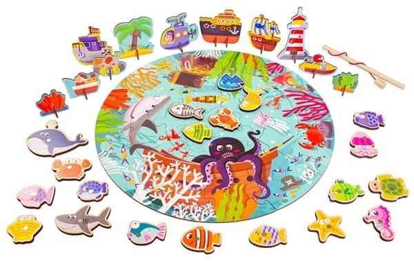 Drewniane rybki w wiaderku gra łowienie puzzle 3D