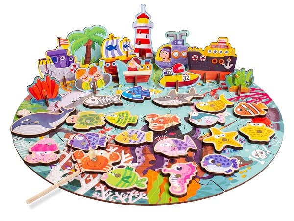 Drewniane rybki w wiaderku gra łowienie puzzle 3D