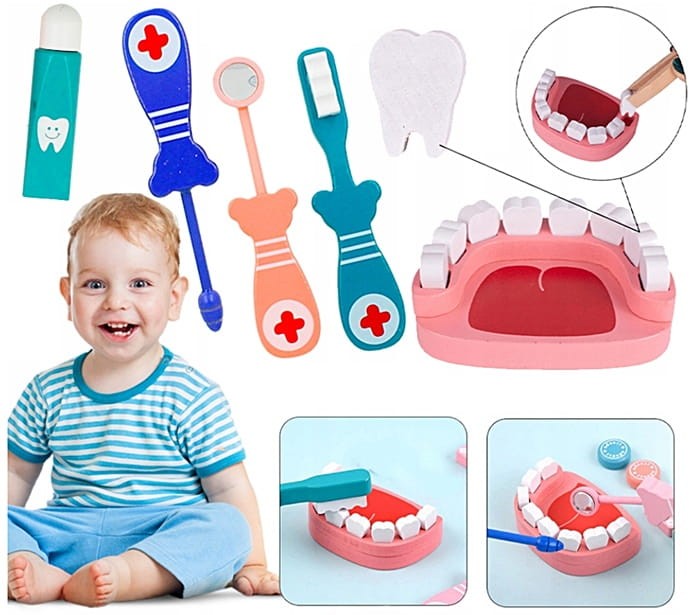 Zestaw mały lekarz dentysta drewniane akcesoria w tubie
