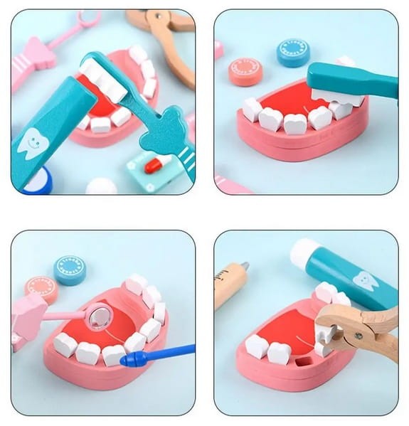 Zestaw mały lekarz dentysta drewniane akcesoria w tubie