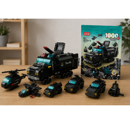 Klocki 6w1 SWAT policja 1000 elementów auto ciężarówka helikopter samolot
